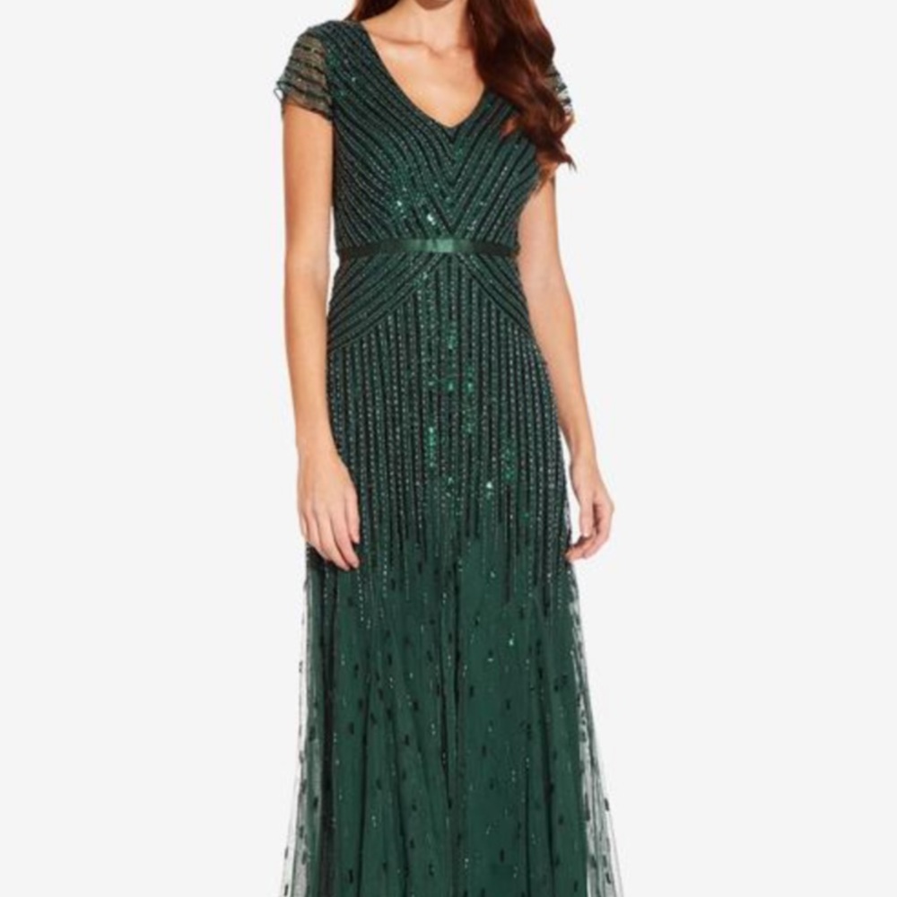 ISO Adrianna Papell BEADED V-NECK GOWN IN DUSTY EMERALD
